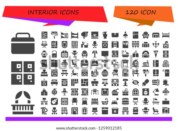  interior\
icon set. 120 filled interior icons. Simple modern icons about  -\
Fridge, Balcony, Lockers, Planning, Paint roller, Bunk bed, Lamp,\
Terrarium, Vase, Bed, Armchair,\
Sofa