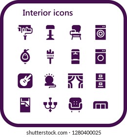  interior icon set. 16 filled interior icons. Simple modern icons about  - Paint roller, Stool, Desk chair, Washing machine, Urinal, Painting brush, Locker, Garage band, Lamp