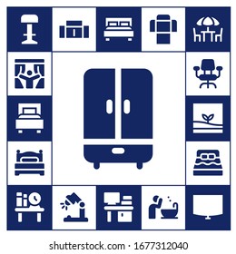 interior icon set. 17 filled interior icons.  Simple modern icons such as: Stool, Curtains, Bed, Wardrobe, Desk chair, Terrarium, Bookshelf, Sofa, Desk lamp, Double bed, Desk