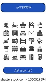 interior icon set. 25 filled interior icons.  Simple modern icons about  - Lamp, Table, Desk, Bookshelf, Desk lamp, Doors, Curtain, Chairs, Bed, Painting brush, Bunk bed, Paint roller