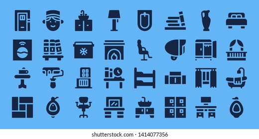 interior icon set. 32 filled interior icons. on blue background style Simple modern icons about  - Door, Washing machine, Table, Floor, Concierge, Bookshelf, Roller, Urinal, Sink
