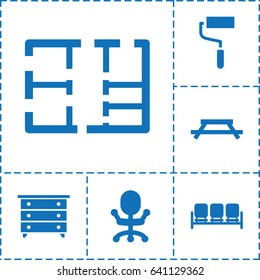 Interior icon. set of 6 interior filled icons such as sofa, nightstand, roller, plan, office chair