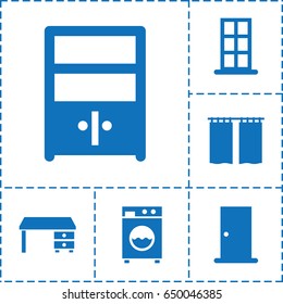 Interior icon. set of 6 interior filled icons such as door, office desk, cupboard, washing machine