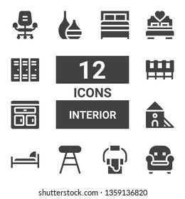 interior icon set. Collection of 12 filled interior icons included Armchair, Paint bucket, Stool, Bed, Indoor, Furniture, Cabinet, Vase, Lockers, Desk chair