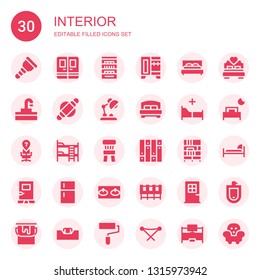 interior icon set. Collection of 30 filled interior icons included Wooden leg, Door, Shelves, Wardrobe, Bed, Sink, Roller, Desk lamp, Desk chair, Bunk bed, Chair, Parquet, Bookcase