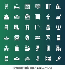 interior icon set. Collection of 36 filled interior icons included Wooden leg, Bunk, Desk chair, Shelf, Desk, Chair, Roller, Door, Vase, Paint bucket, Bedside table, Fridge, Stool
