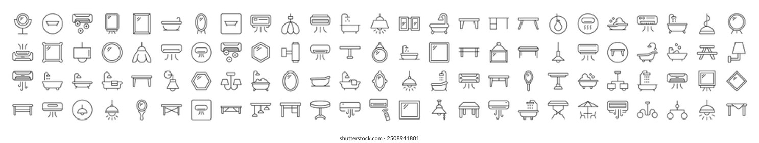 Interior Icon Set. Contains Icons of Conditioner, Mirror, Table, Lamp, Chandelier, Bathroom that Can Be Used for Design of Cards, Posts, Apps, Web Sites