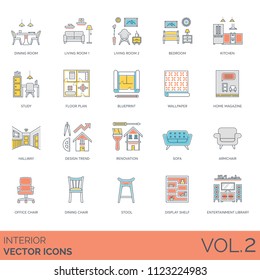 Interior icon set. Dining, living, bedroom, study, kitchen, floor plan, blueprint, wallpaper, home magazine, hallway, design trend, renovation, sofa, armchair, stool, display shelf, library.