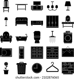 Conjunto de iconos interiores con estilo de glifo, 
diseño sencillo y minimalista