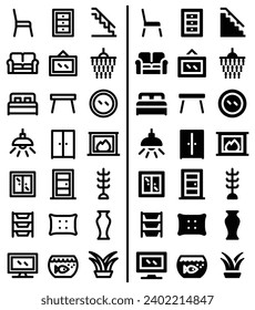 Icono de interior establecido en el esquema y estilo de glifo. Dos variantes de estilo de iconos vectoriales interiores en un paquete. Borde negro y glifo sólido.