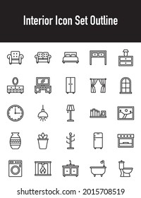 Interior Icon Set Outline White Background Vector Illustration, With Icon Couch, Bed, Window, Lamp Etc