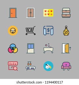 interior icon set. vector set about shopping cart, bathtub, window and store icons set.