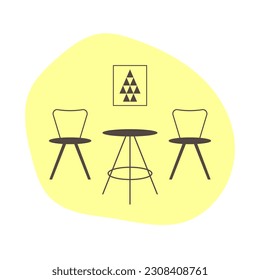 Interior icon with table and chairs on a yellow abstract shape background. Furniture icon in a flat style