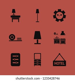 interior icon. interior vector icons set floor lamp, plates shelf, filter and hotel