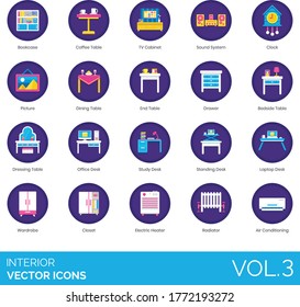 Interior icons including bookcase, coffee, sound system, clock, picture, table, drawer, dressing, office desk, study, standing, laptop, wardrobe, closet, electric heater, radiator, air conditioning.