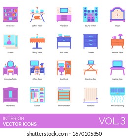 Iconos interiores como biblioteca, armario de televisión, sistema de sonido, reloj, foto, comedor, mesa de comedor, cajón, mesita de noche, vestidor, escritorio, ordenador portátil, armario, armario, calefactor, radiador, aire acondicionado.