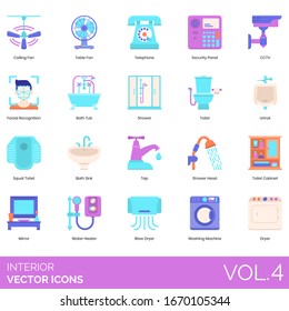 Interior icons including ceiling fan, table, telephone, security panel, cctv, bath tub, urinal, squat toilet, sink, tap, shower head, cabinet, mirror, water heater, blow dryer, washing machine.