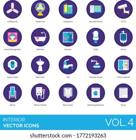 Interior icons including ceiling fan, table, telephone, security panel, cctv, facial recognition, bathtub, squat toilet, sink, tap, shower, cabinet, mirror, water heater, blow dryer, washing machine.