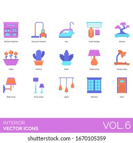 Interior Icons Including Kitchen Cabinet, Vacuum Cleaner, Iron, Coat Hanger, Bonsai, Tulip, Cactus, Plant, Table, Study, Wall, Floor Lamp, Lights, Window, Door.