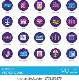 Interior icons including pond, building, baby room, fireplace, fountain, stairs, wooden fence, electric, home design, aquarium, chandelier, curtain, candle, swimming pool, front door, patio, bathroom.