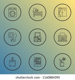 Interior icons line style set with socket, window, bookshelf and other drawer elements. Isolated vector illustration interior icons.