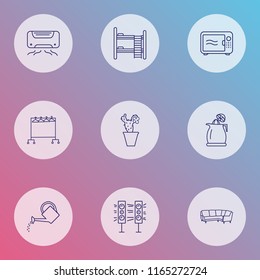 Interior icons line style set with clothing rock, air conditioner, double decker bed and other electric oven elements. Isolated vector illustration interior icons.