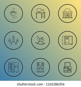 Interior icons line style set with tv stand, fireplace, fridge refrigerator elements. Isolated vector illustration interior icons.