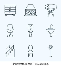 Interior icons line style set with coffee table, seat, fireplace and other chair elements. Isolated vector illustration interior icons.