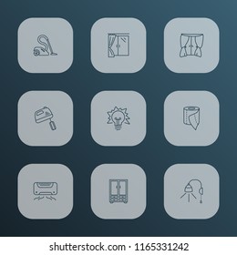 Interior icons line style set with curtain, vacuum cleaner, toilet paper and other energy elements. Isolated vector illustration interior icons.