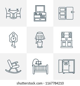 Interior icons line style set with tv stand, buffet, wall clock cot elements. Isolated vector illustration interior icons.