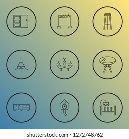 Interior icons line style set with sideboard, barstool, door and other nightstand elements. Isolated vector illustration interior icons.