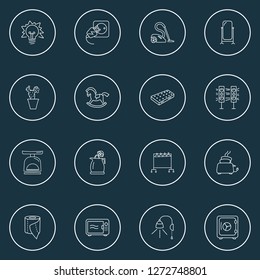 Interior icons line style set with safe, floor mirror, wall lamp and other wooden pony elements. Isolated vector illustration interior icons.