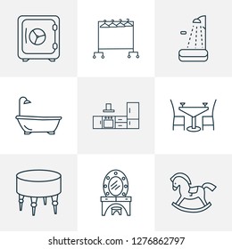 Interior icons line style set with clothing rock, kitchen set, safe and other strongbox elements. Isolated vector illustration interior icons.