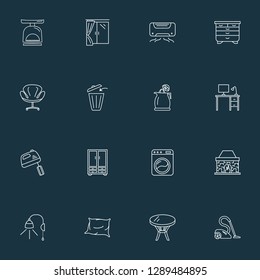 Interior icons line style set with pillow, modern armchair, kitchen scales and other laundromat elements. Isolated vector illustration interior icons.