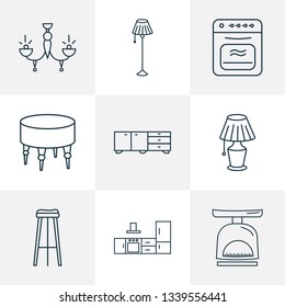 Interior icons line style set with lamp, kitchen set, sideboard and other light elements. Isolated vector illustration interior icons.