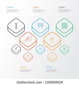 Interior icons line style set with desk, column, shelving unit and other workplace elements. Isolated vector illustration interior icons.