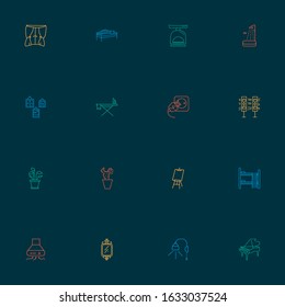 Interior icons line style set with exhaust hood, wall mirror, grand piano speaker elements. Isolated vector illustration interior icons.