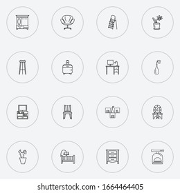 Iconos interiores de estilo línea conjunto con jarra florida, armario de salón, sillón moderno y otros elementos del lugar de trabajo. Iconos interiores de ilustración vectorial aislados.