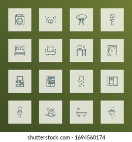 Interior icons line style set with tv stand, bookshelf, wardrobe bidet elements. Isolated vector illustration interior icons.