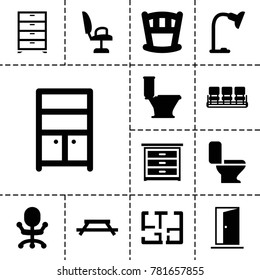 Interior icons. set of 13 editable filled interior icons such as chair, toilet, wardrobe, office chair, table, baby bed, table lamp, plan, door, nightstand