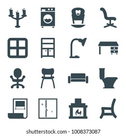 Interior icons. set of 16 editable filled interior icons such as window, toilet, wardrobe, office chair, office desk, outdoor chair, chair, table lamp, fireplace, candlestick