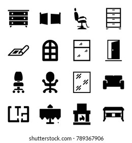 Interior icons. set of 16 editable filled interior icons such as restaurant table, plan, window, nightstand, office desk, office chair, fireplace, sofa, gate, door