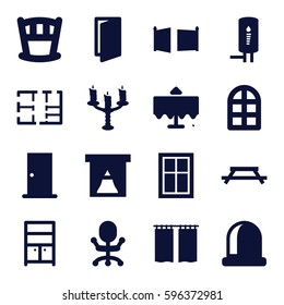 interior icons set. Set of 16 interior filled icons such as restaurant table, window, door, wardrobe, plan, candlestick, geyser, curtain, gate, office chair, table, baby bed