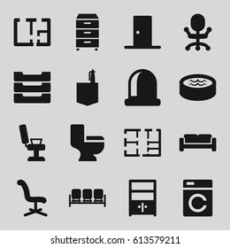 Interior icons set. set of 16 interior filled icons such as sofa, washing machine, barber chair, office chair, office room, toilet, table box, nightstand, cupboard, jacuzzi