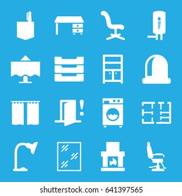 Interior icons set. set of 16 interior filled icons such as barber chair, window, wardrobe, office chair, office desk, office room, table lamp, table box, plan