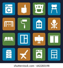 Interior icons set. set of 16 interior filled icons such as restaurant table, sliding doors, sofa, washing machine, window, wardrobe, office room, roller, outdoor chair, chair