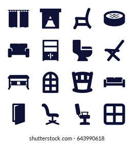 Interior icons set. set of 16 interior filled icons such as sofa, window, door, barber chair, office chair, toilet, outdoor chair, cupboard, jacuzzi, curtain, office desk