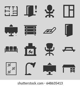 Interior icons set. set of 16 interior filled icons such as restaurant table, sofa, plan, nightstand, door, window, office desk, office chair, table lamp, fireplace