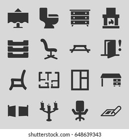 Interior icons set. set of 16 interior filled icons such as plan, nightstand, window, office chair, office desk, toilet, outdoor chair, table box, restaurant table