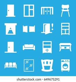 Interior icons set. set of 16 interior filled icons such as sliding doors, sofa, door, window, wardrobe, chair, cupboard, washing machine, gate, door warning, office desk